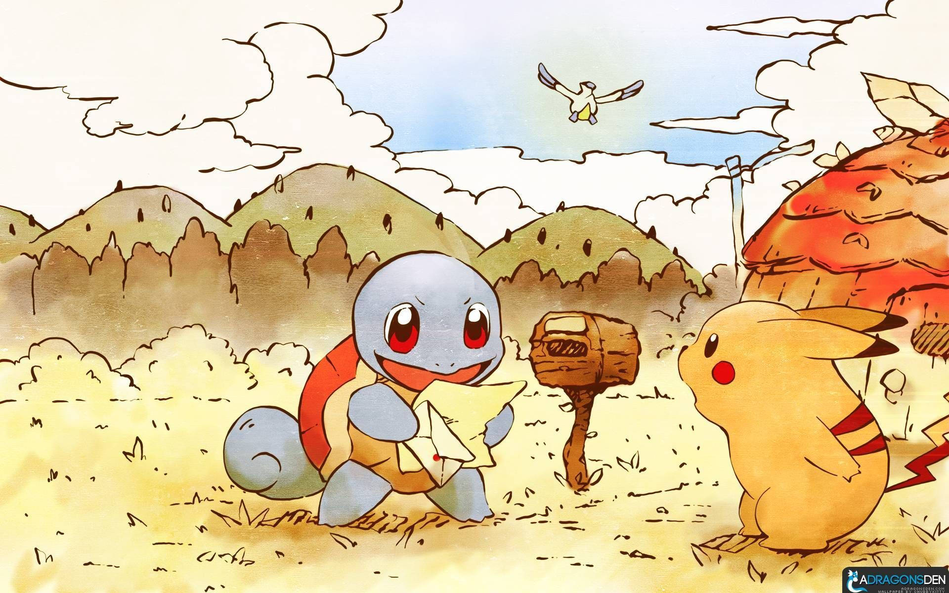 可愛寶可夢 水箭龜讀信 壁紙 — Squirtle 和 Pikachu 站在陽光明媚的田野中，手持木槌，背景有山脈和一隻飛鳥。