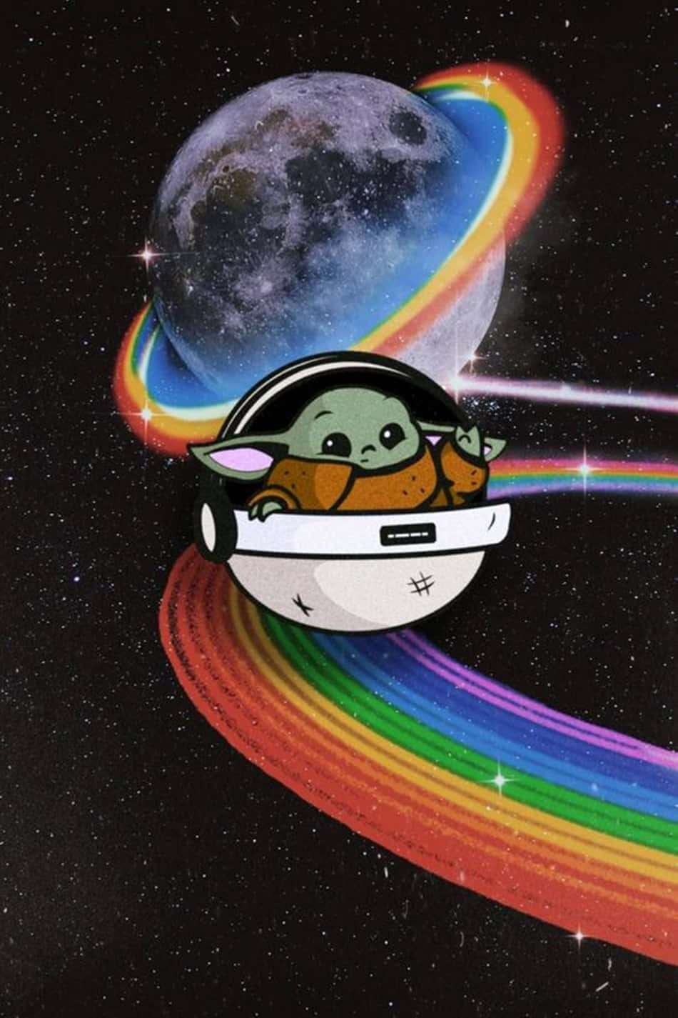可愛寶寶尤達卡通畫 壁紙 — Baby Yoda 喺太空船入面漂浮，喺發光月球附近拖住一條彩虹穿過太空。