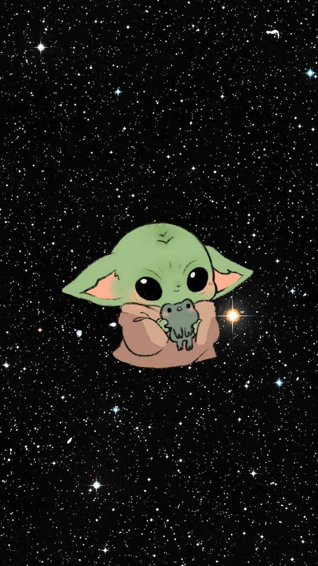 嬰兒尤達喺星空下拎住一隻青蛙。