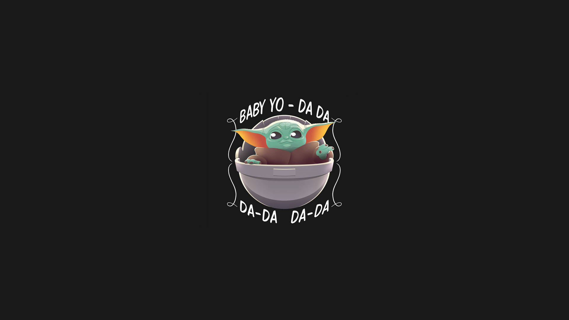 Baby Yoda 在吊艙中，黑色背景上有「Baby Yo-Da Da」文字