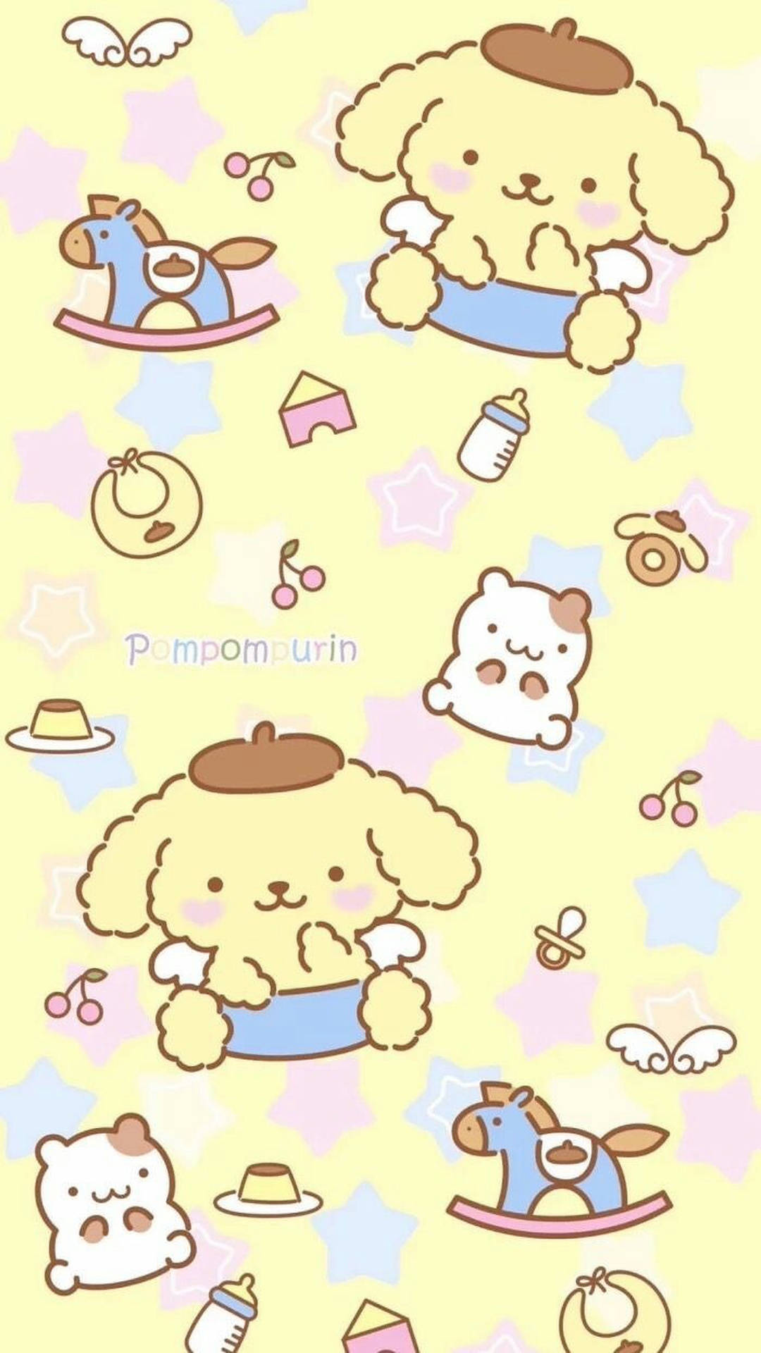 粉彩壁紙，在黃色星星背景上漂浮著卡通小狗和嬰兒玩具。 — 布甸狗 GIF 壁紙