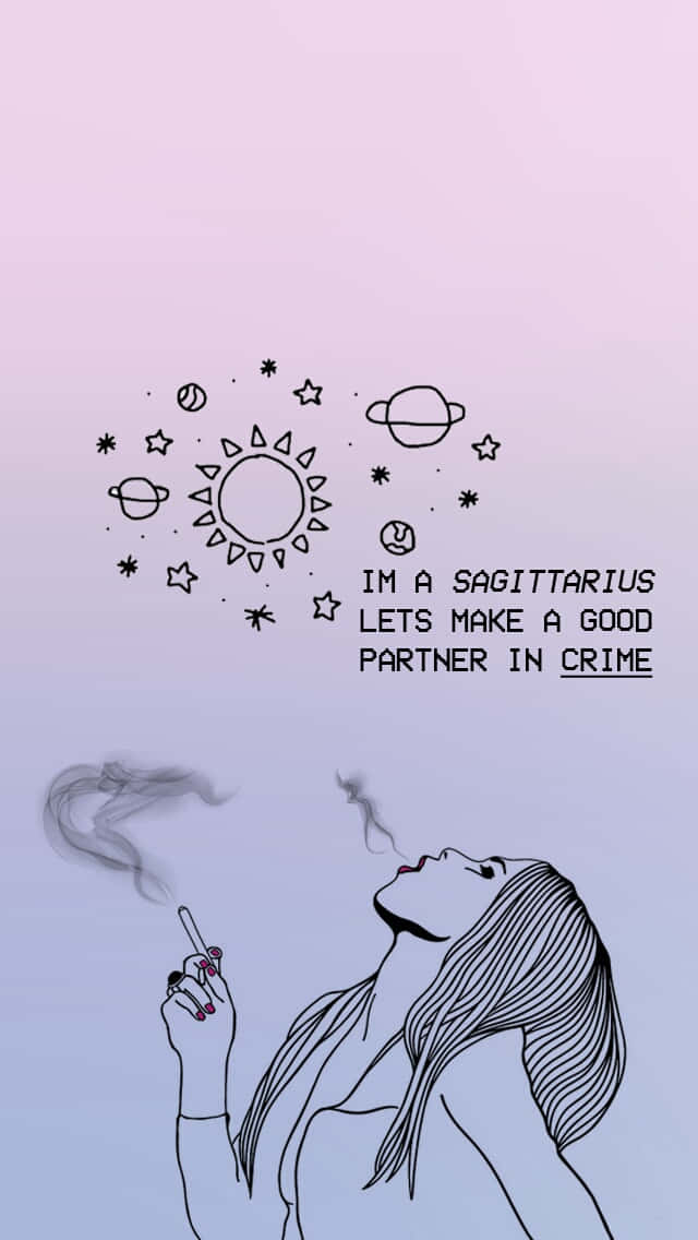 可愛射手座引言 壁紙 — 一位風格化的女性在粉彩天空下吸煙，周圍有天空塗鴉和射手座星座語錄。