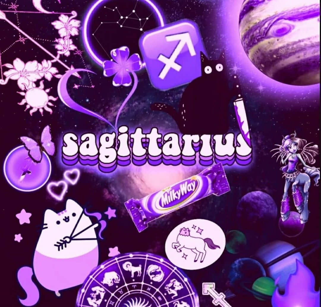 可愛射手座紫色壁紙 壁紙 — 充滿活力的紫色宇宙場景，包含人馬座符號、銀河巧克力棒和異想天開的動漫角色，背景是繁星點點的銀河。
