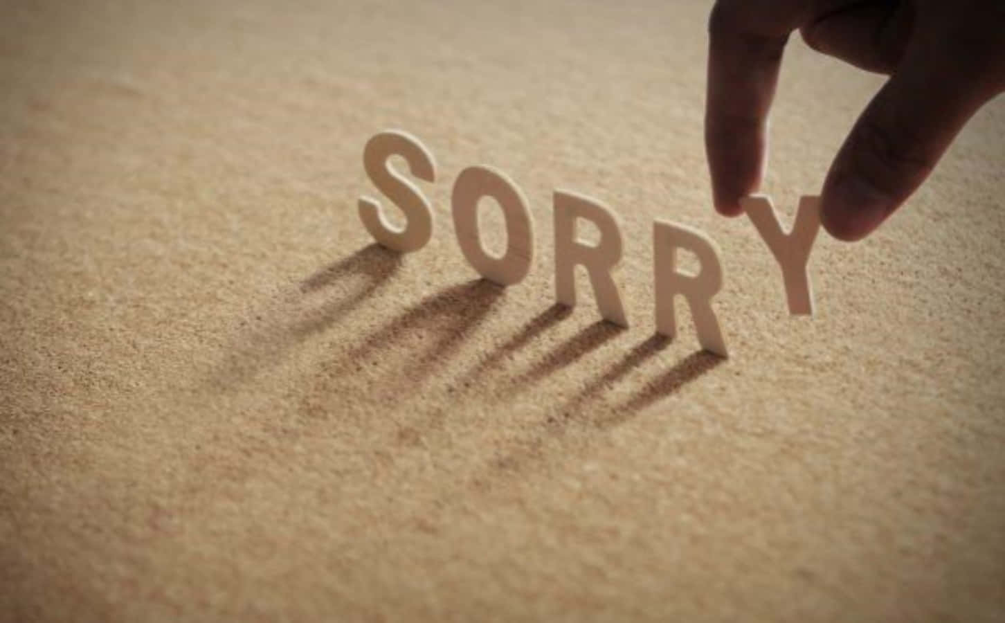 手在沙上排列木製sorry字母