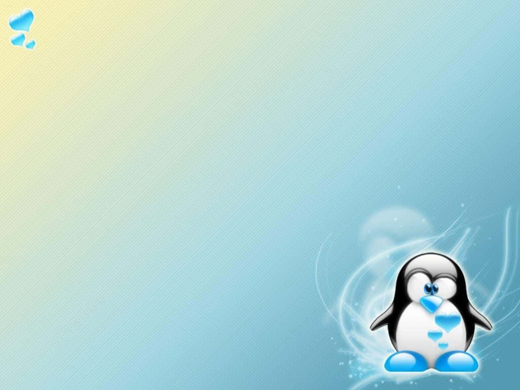 可愛小企鵝在雪中悠閒 壁紙 — 一隻可愛的卡通企鵝，帶有藍色心形和漩渦，坐在角落，背景是柔和的藍黃漸變色。