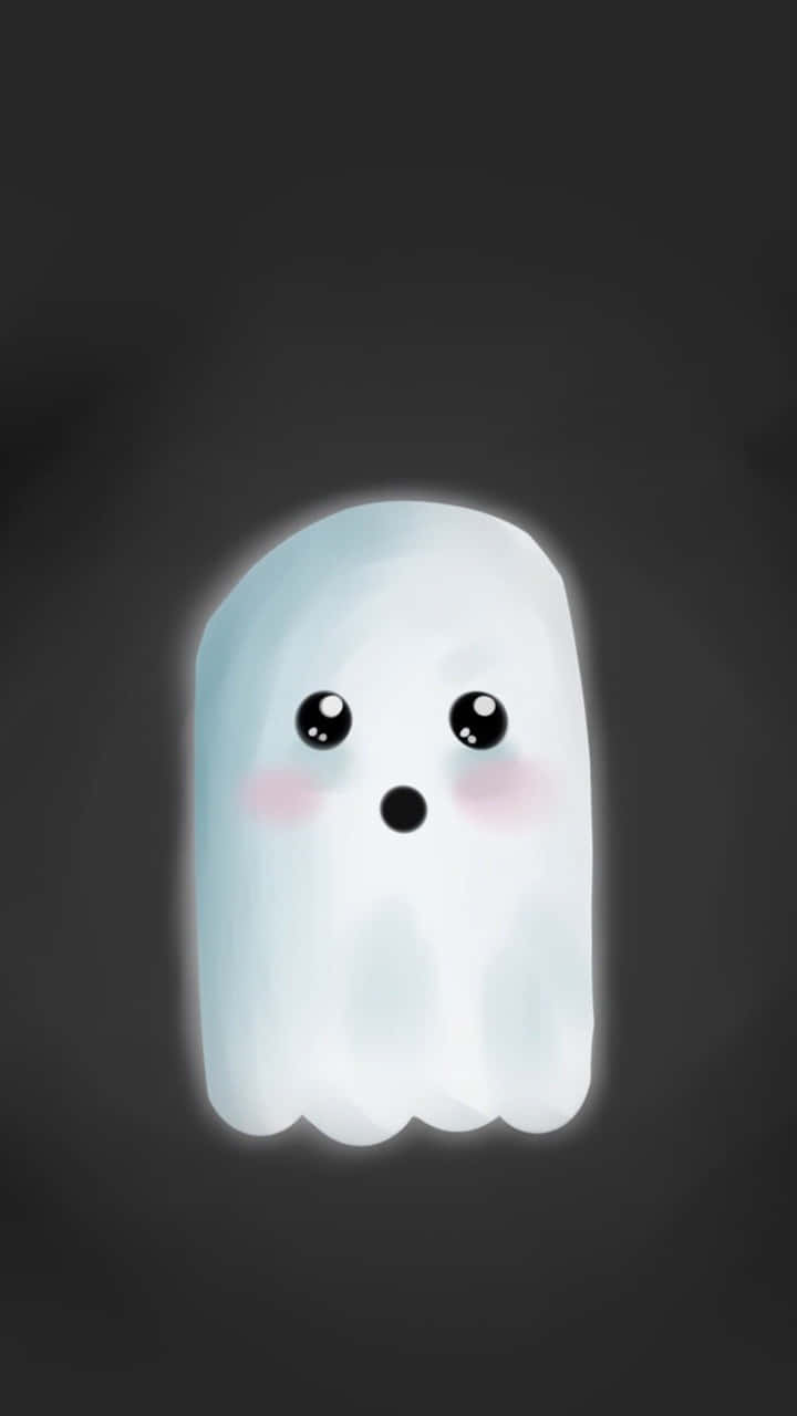 可愛小幽靈 壁紙 — 一個可愛的發光鬼魂，臉頰紅潤，大眼睛，漂浮在黑暗的背景上。
