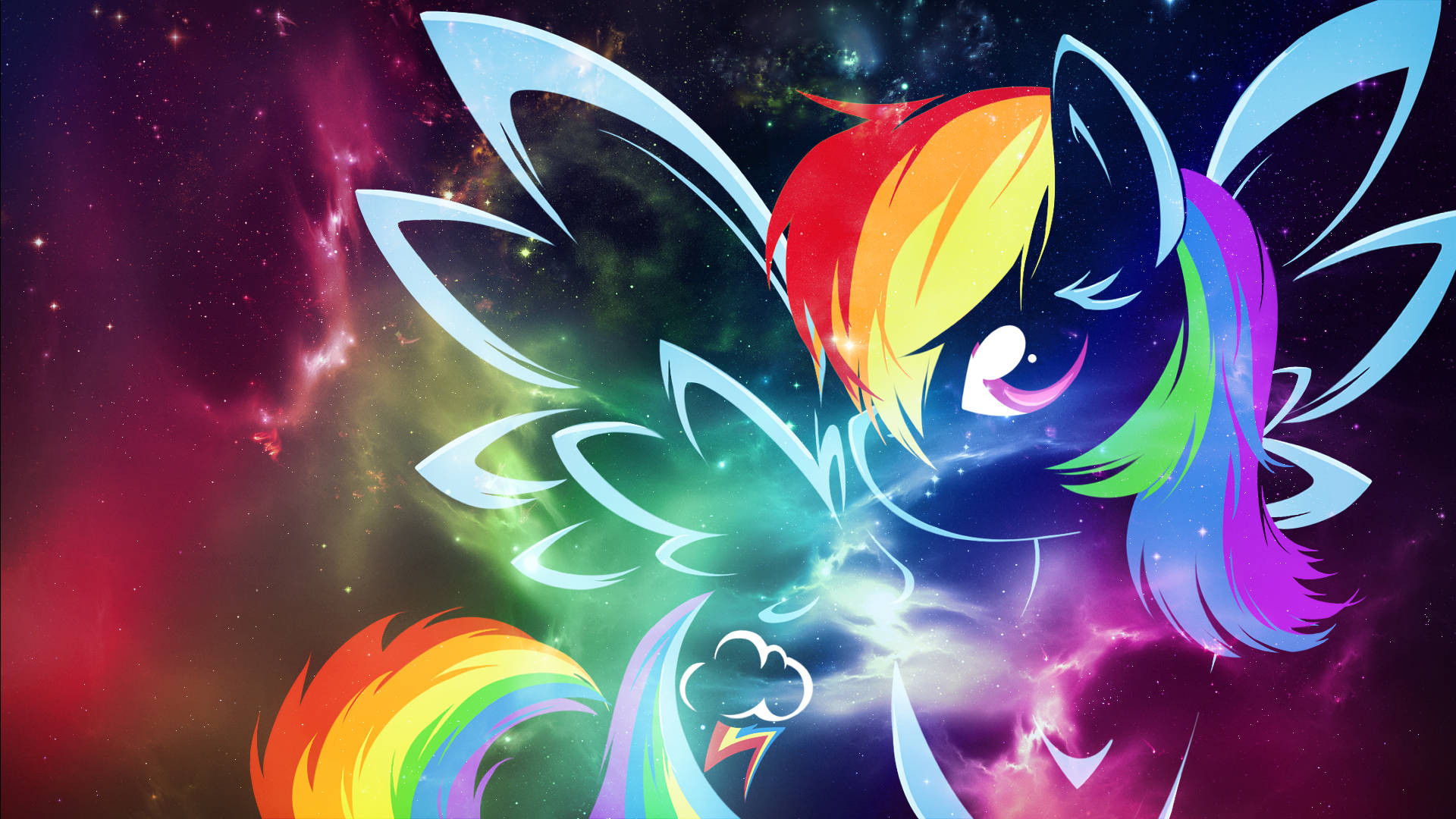 可愛小彩虹獨角獸 壁紙 — Rainbow Dash，一匹彩虹鬃毛的小馬，帶著發光的翅膀和閃電標誌，翱翔於充滿活力的宇宙星雲中。