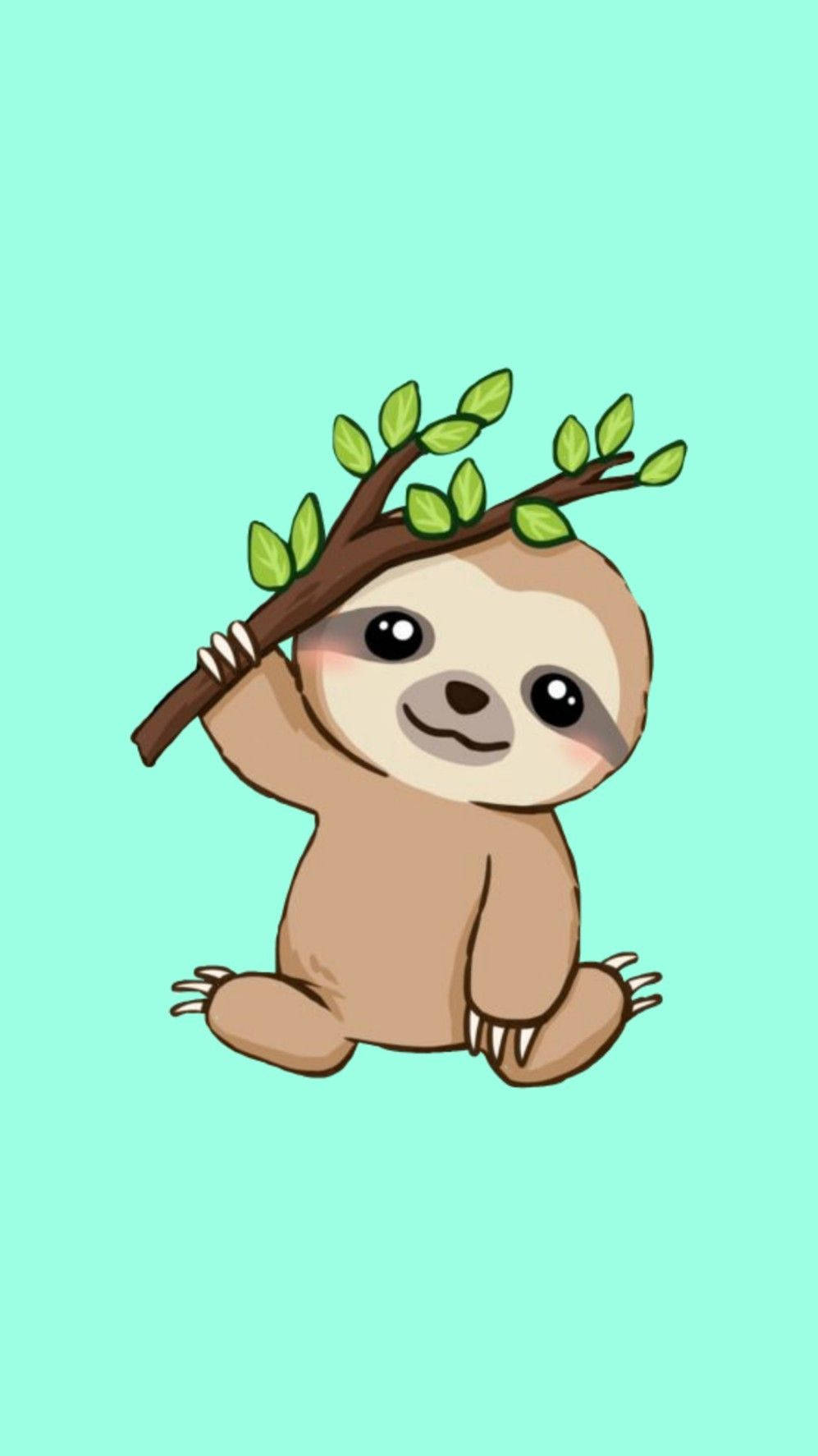 可愛小樹懶 壁紙 — 一隻可愛的卡通樹懶在薄荷綠背景上將樹枝舉過頭頂。