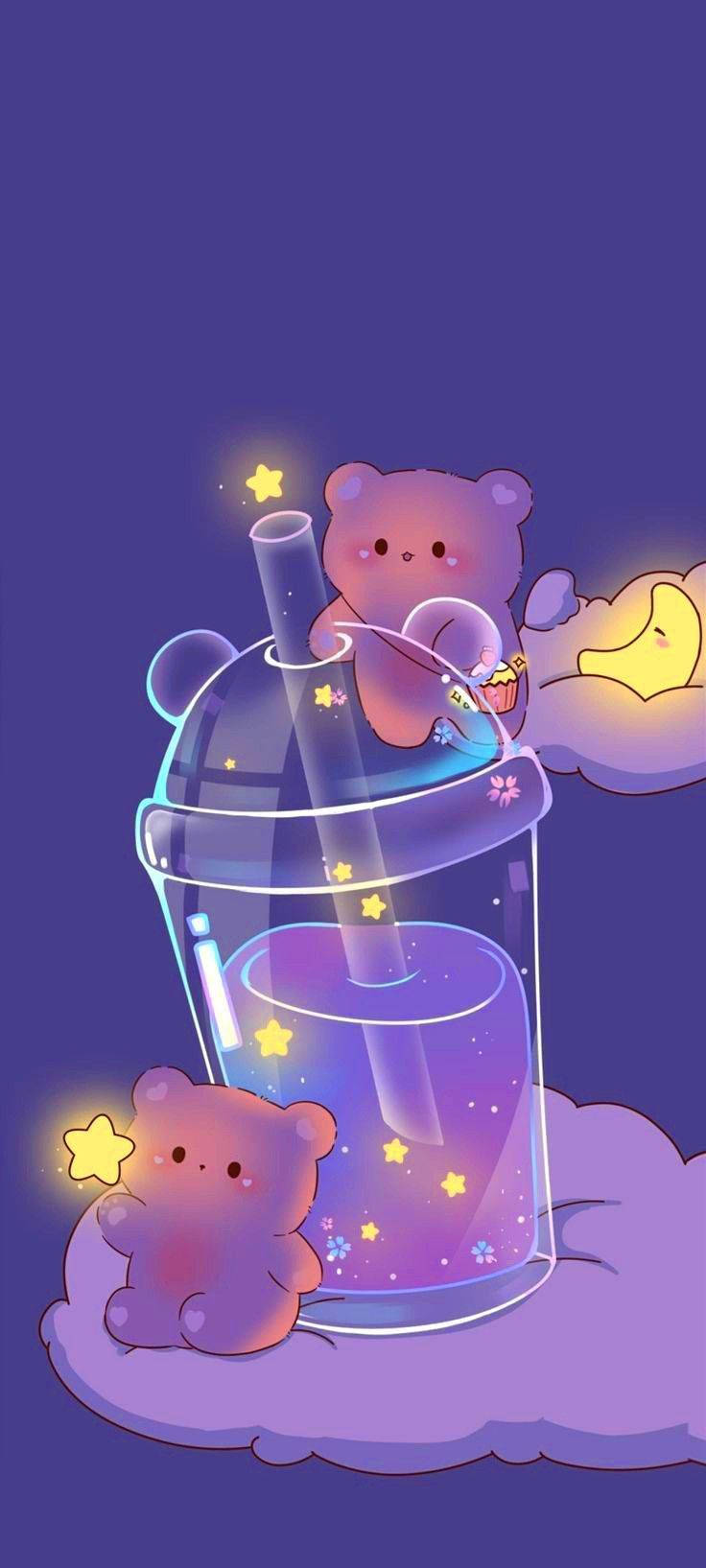 可愛小熊與飲品少女星系 壁紙