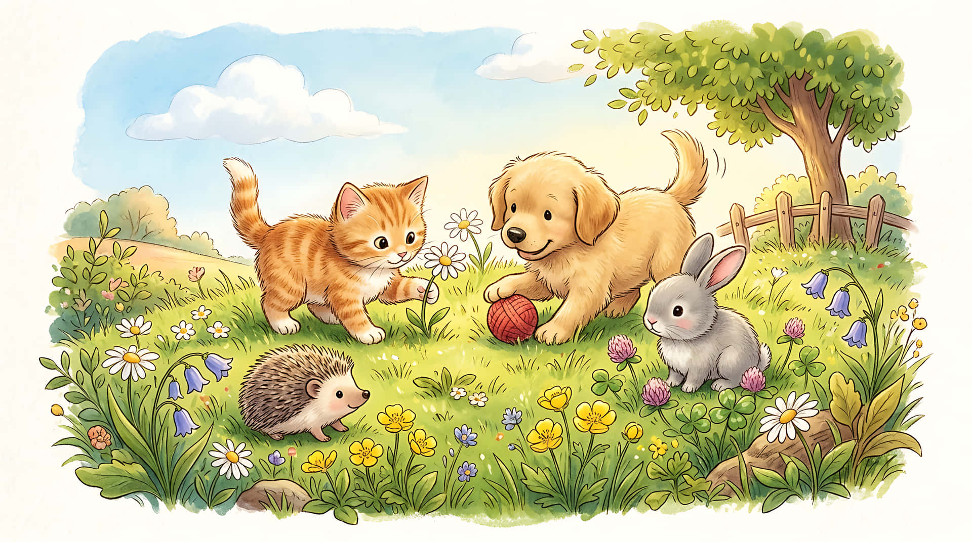 幼犬、小貓、兔子和刺蝟在開滿鮮花的草地上玩耍，天空蔚藍 — 小狗 壁紙