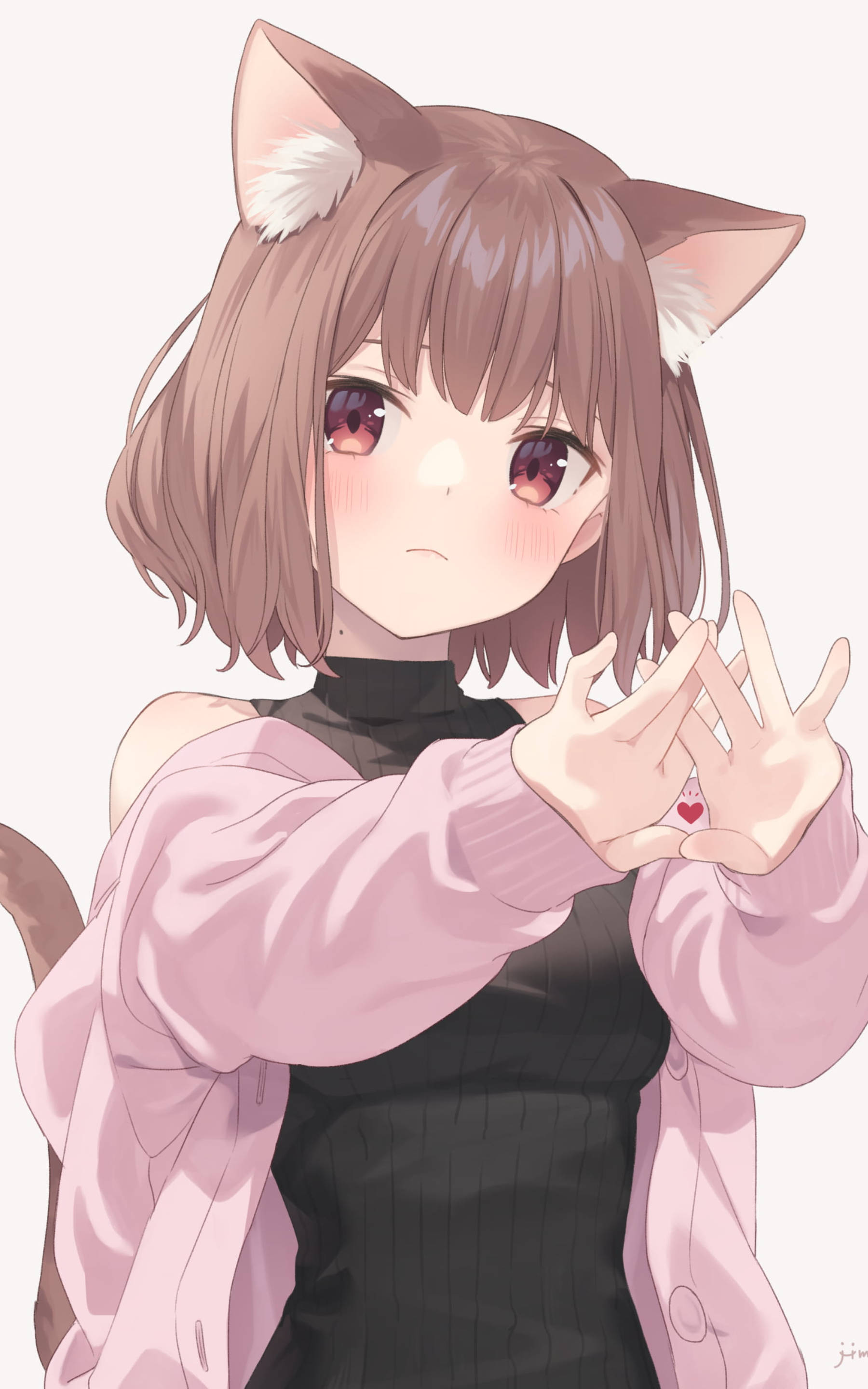可愛小狼女 壁紙 — 一個可愛的動漫女孩，戴著貓耳和粉紅色開襟衫，害羞地用手指夾著一個小小的紅色心形。