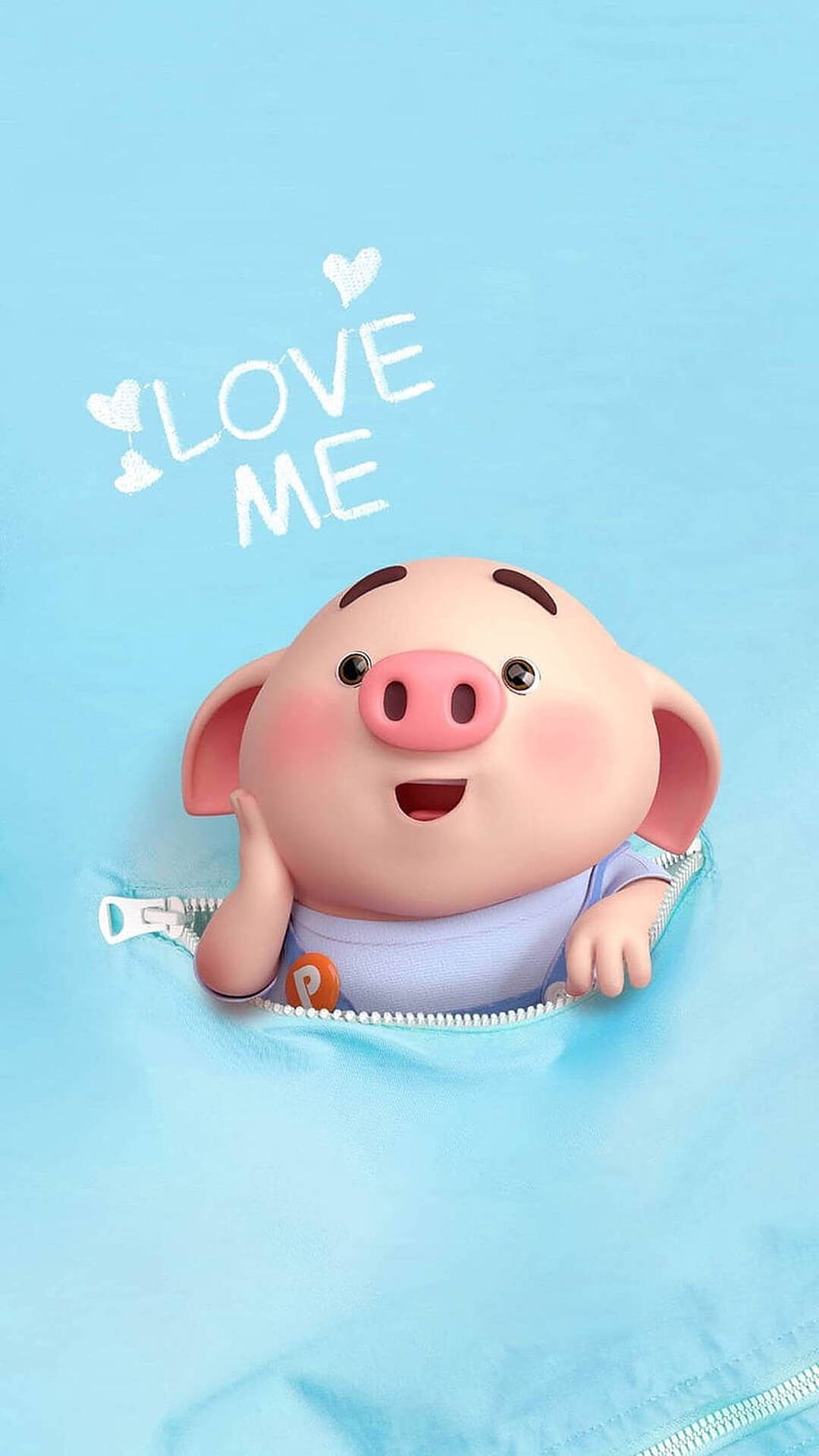 一隻穿著藍色襯衫的微笑卡通豬從帶有「LOVE ME」文字的拉鍊中探出頭來。 — 可愛豬 壁紙