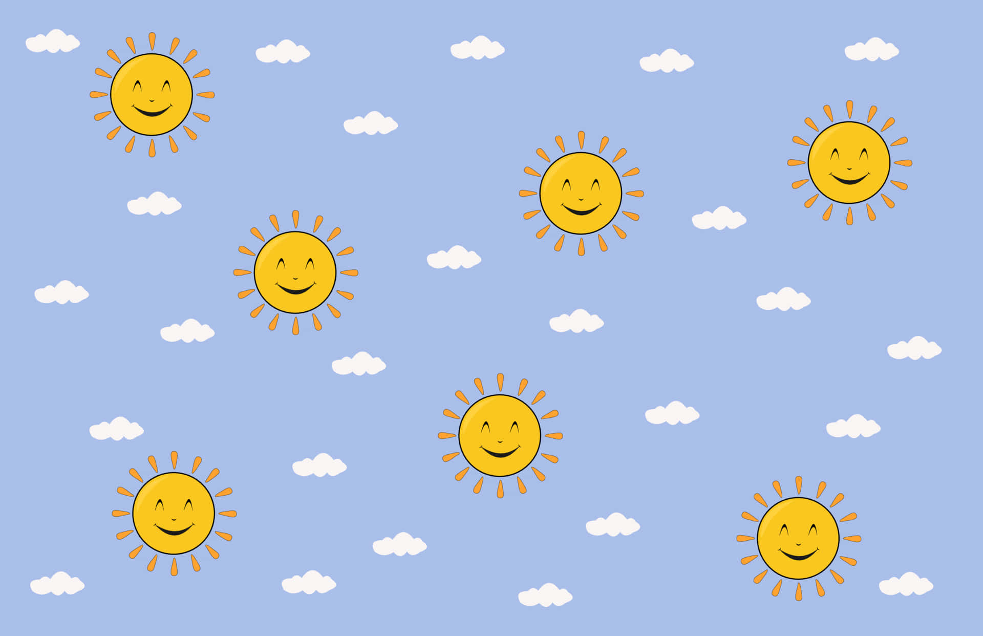 微笑的卡通太陽在藍天白雲中漂浮。