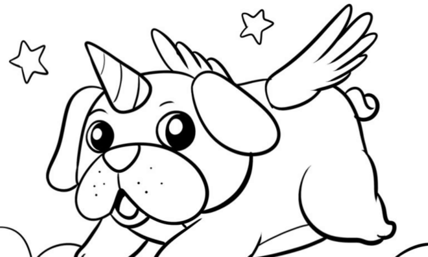 一隻長有翅膀和獨角獸角、被星星環繞的飛行八哥犬。