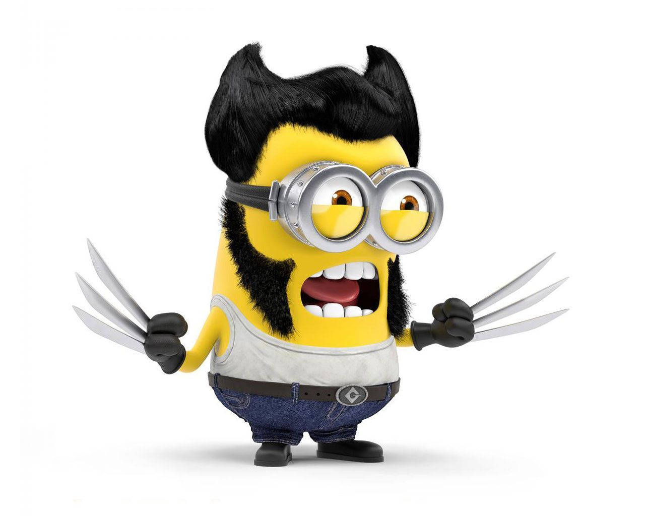 打扮成狼人Wolverine的Minion，有爪、黑色頭髮和鬍鬚。