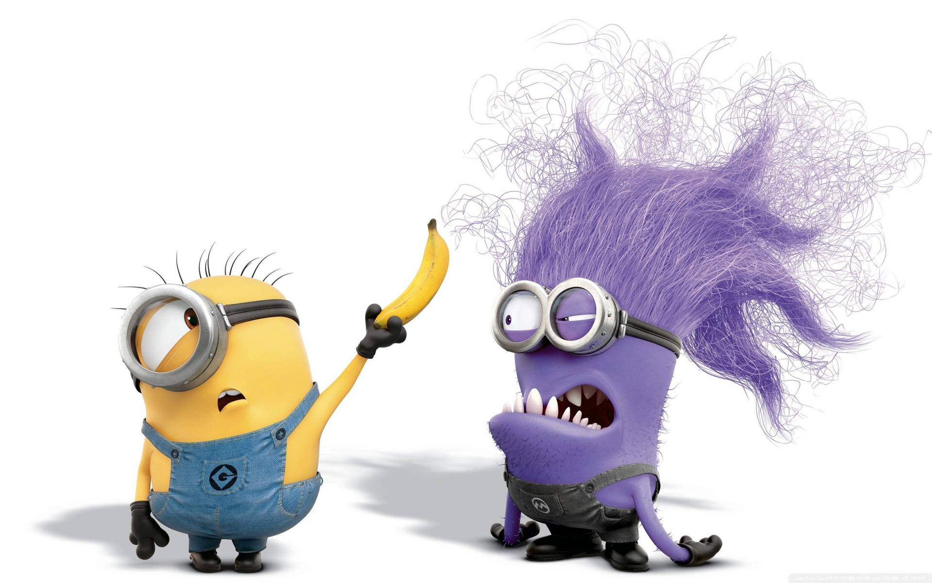 兩個Minions，一個黃色拿著香蕉，另一個紫色頭髮凌亂