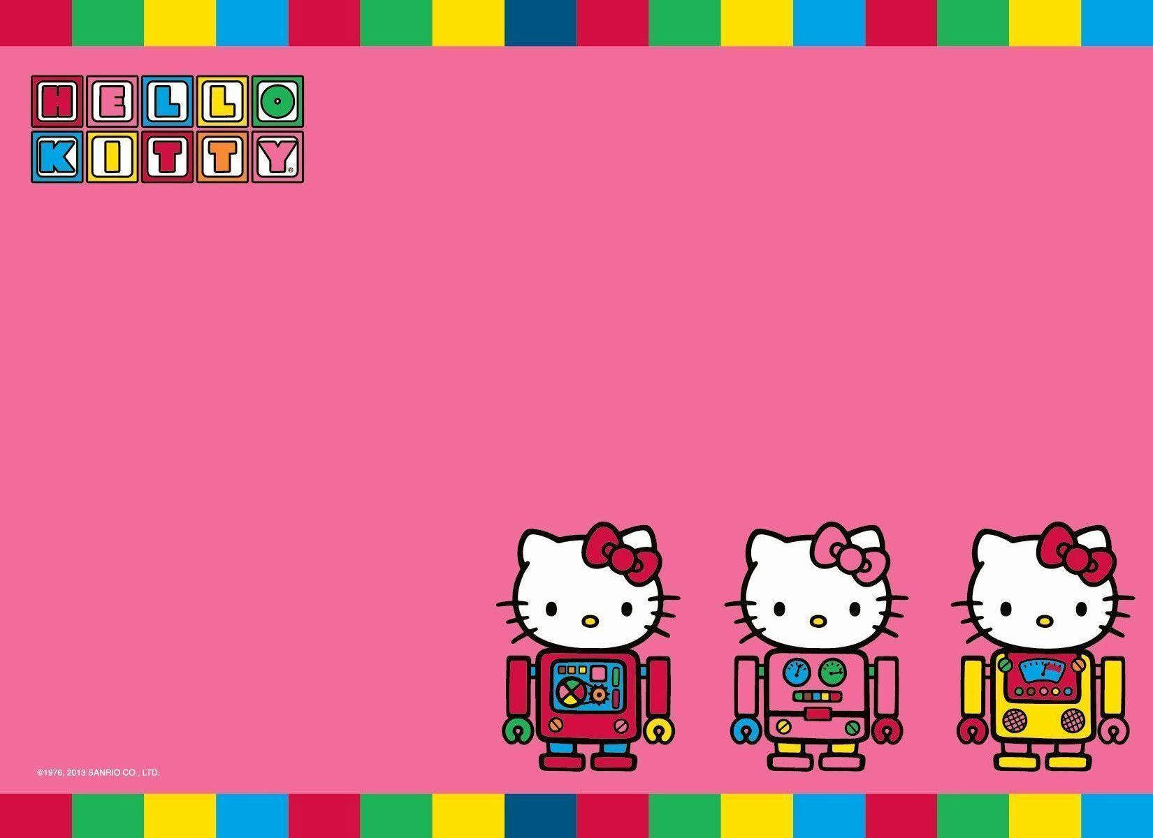 可愛少女Hello Kitty 壁紙 — 三個機械人主題的Hello Kitty角色排成一排，背景是明亮的粉紅色，帶有彩色條紋邊框。