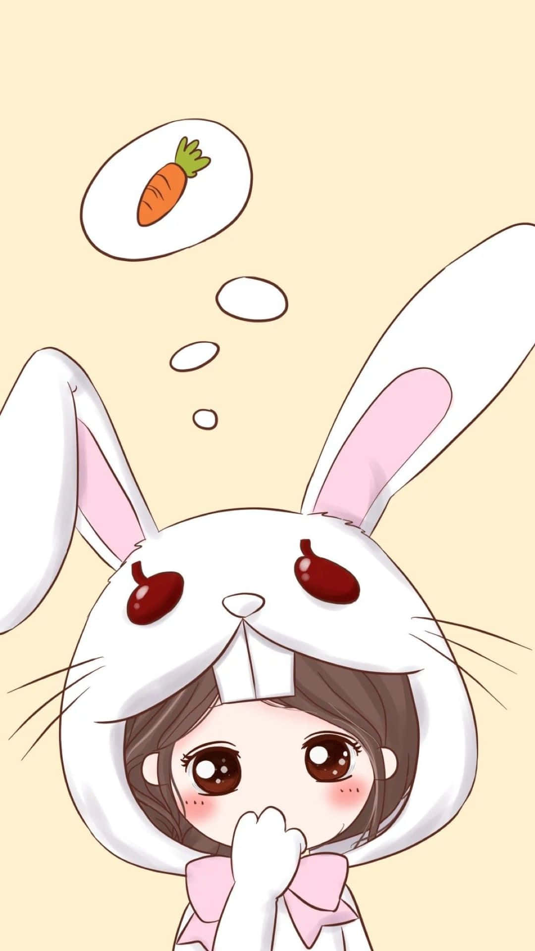 穿著兔子服裝的動漫女孩思考胡蘿蔔