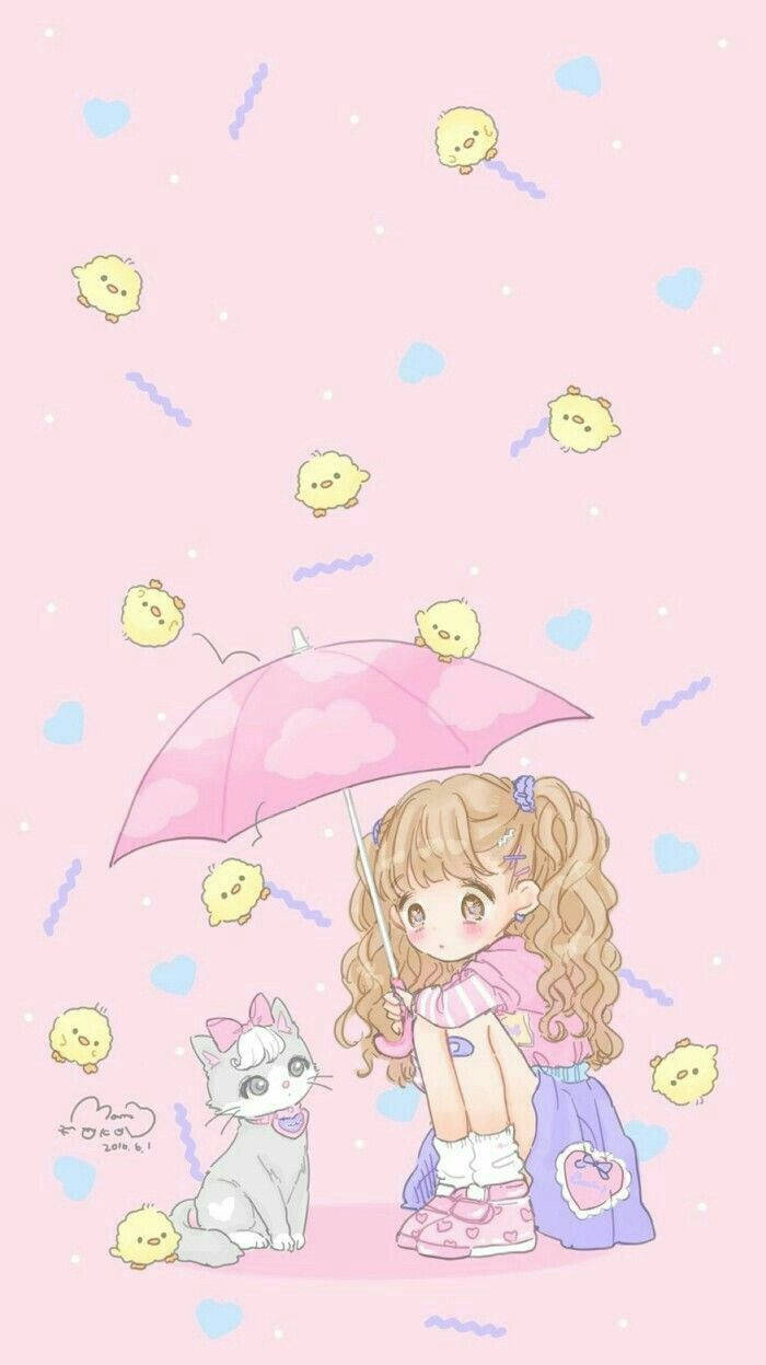 動漫女孩與貓在粉紅色雨傘下，被漂浮的小雞和心形包圍。
