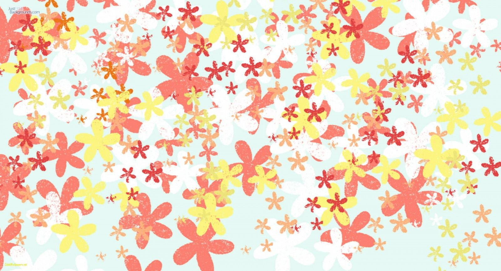可愛少女花朵 壁紙 — 鮮豔的紅色、黃色和白色風格化花朵散落在柔和的薄荷綠背景上，帶有紋理筆觸效果。
