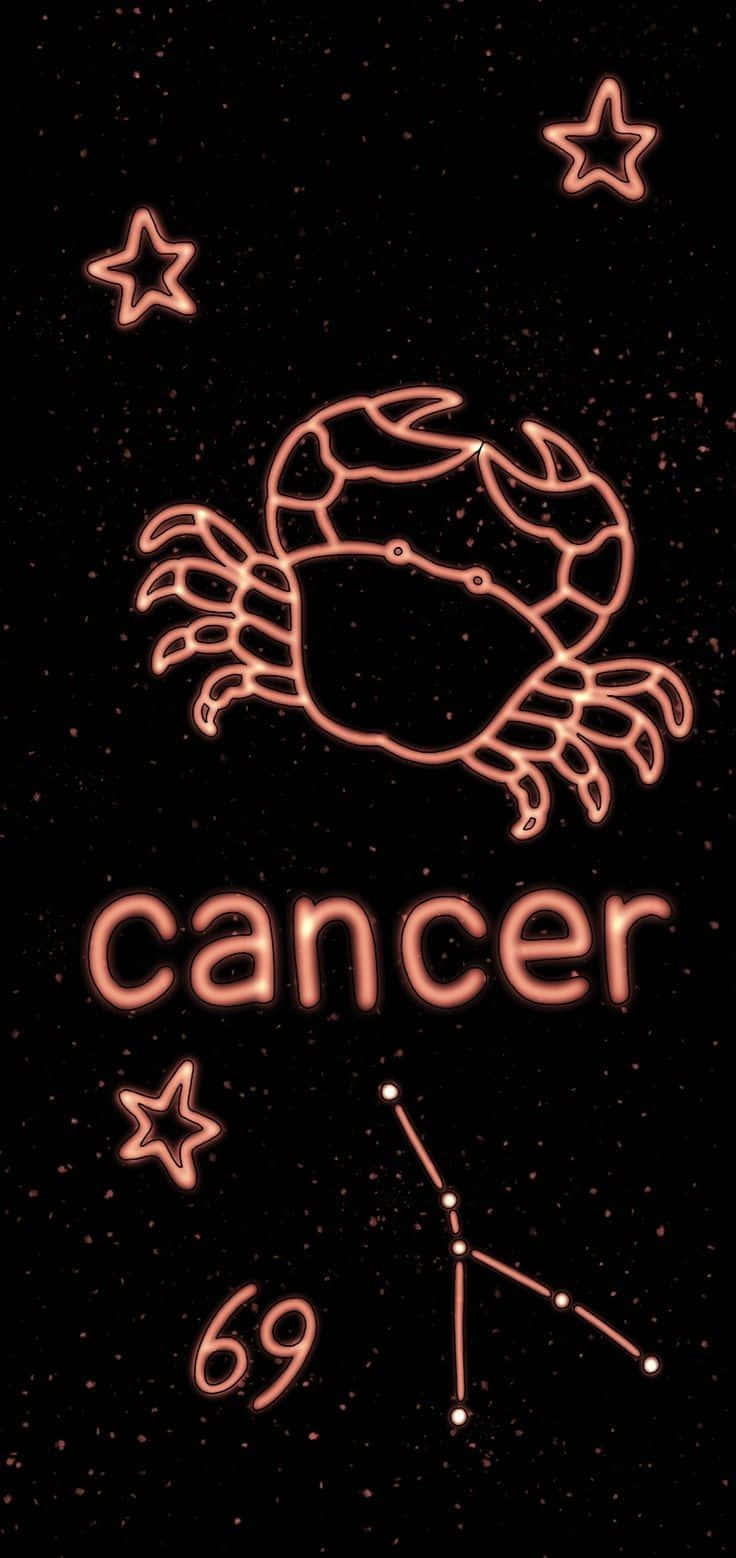 黑色背景上帶有星星和星座線的霓虹粉紅色巨蟹座符號。