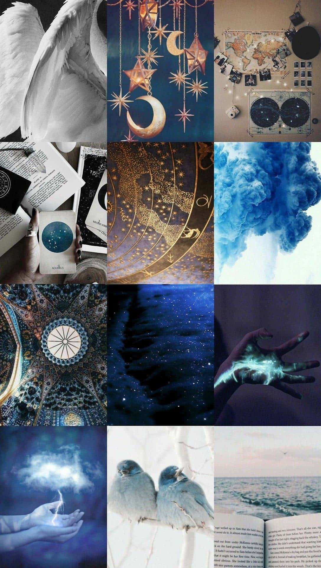 一幅天體與神秘意象的拼貼畫，包括星星、月亮、翅膀、鳥類和發光的手。