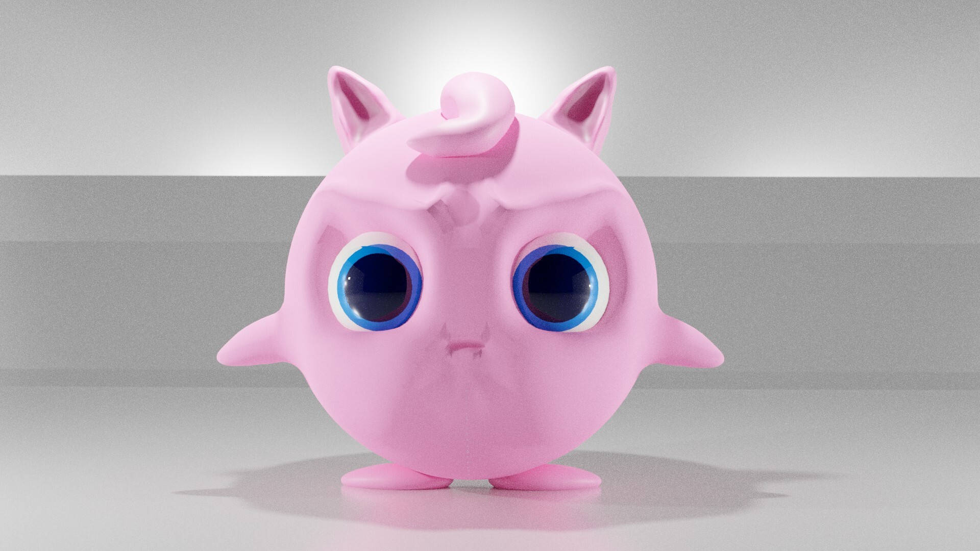 一個粉紅色動漫風格Jigglypuff玩具，有大藍眼睛，在灰色背景上。