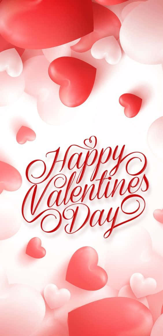 「Happy Valentines Day」文字被飄浮的紅色和白色心形環繞。