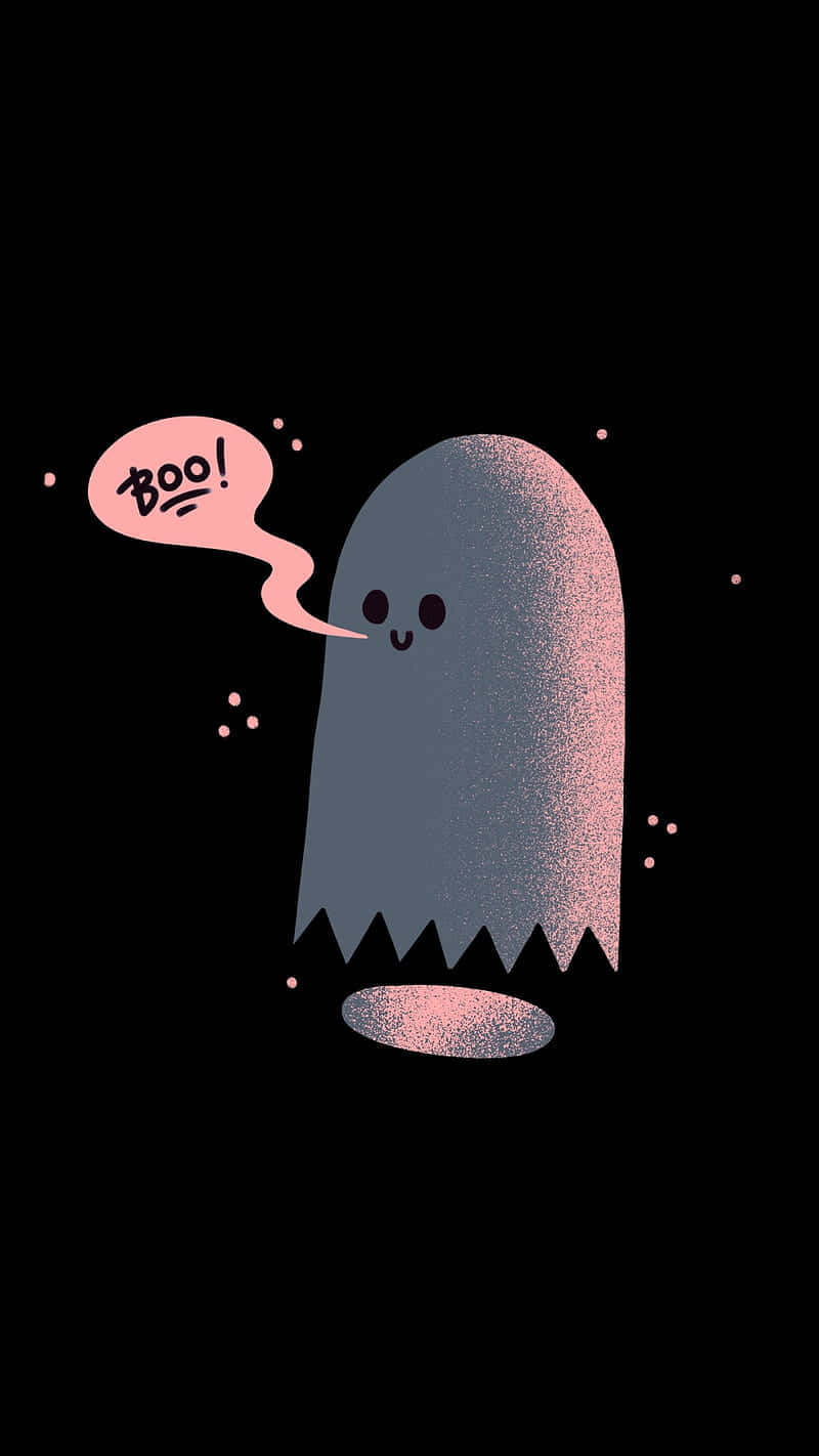 可愛幽靈 壁紙 — 一個可愛的卡通鬼魂，帶有粉紅色對話框說「boo」，漂浮在帶有閃光質感的黑色背景上。