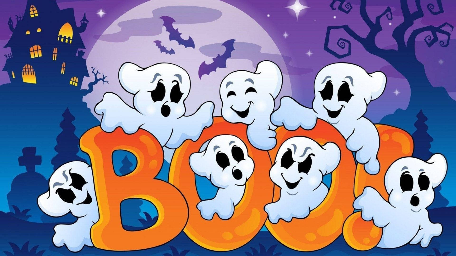 七個微笑的卡通鬼魂在萬聖節場景中依附在「BOO」字上，有鬼屋和蝙蝠。