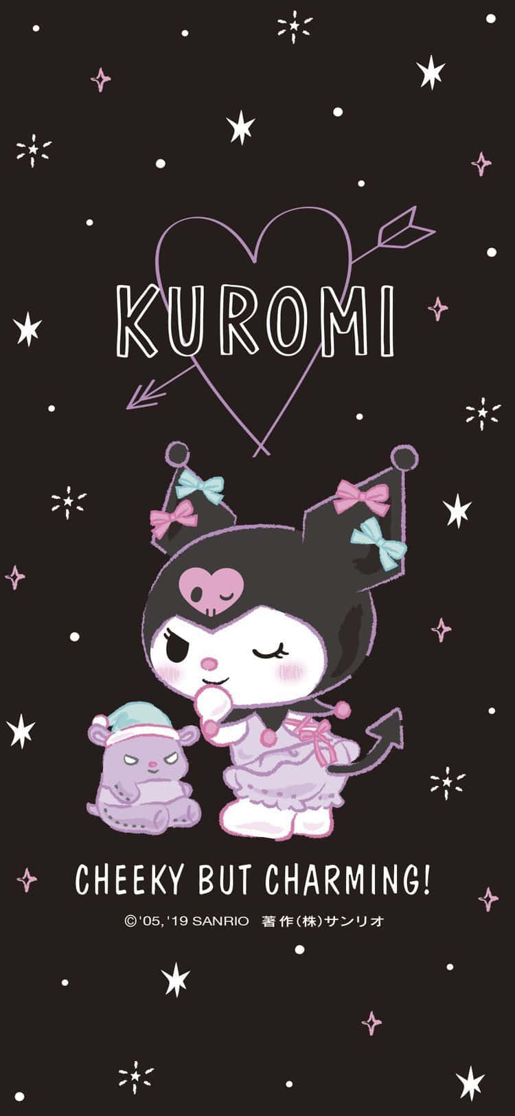 可愛庫洛米對你微笑 壁紙 — Kuromi 身穿紫色連衣裙，在星空黑色背景前抱著一個小毛絨玩具，名字上方有一個心形箭頭。