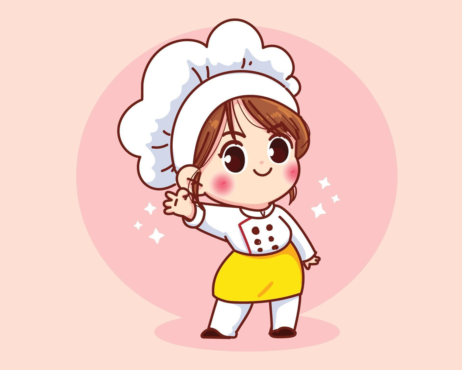 可愛廚師女孩微笑圖案 壁紙 — 一個戴著大帽子的快樂卡通廚師，在帶有閃粉的柔和粉紅色背景上開心地揮手。
