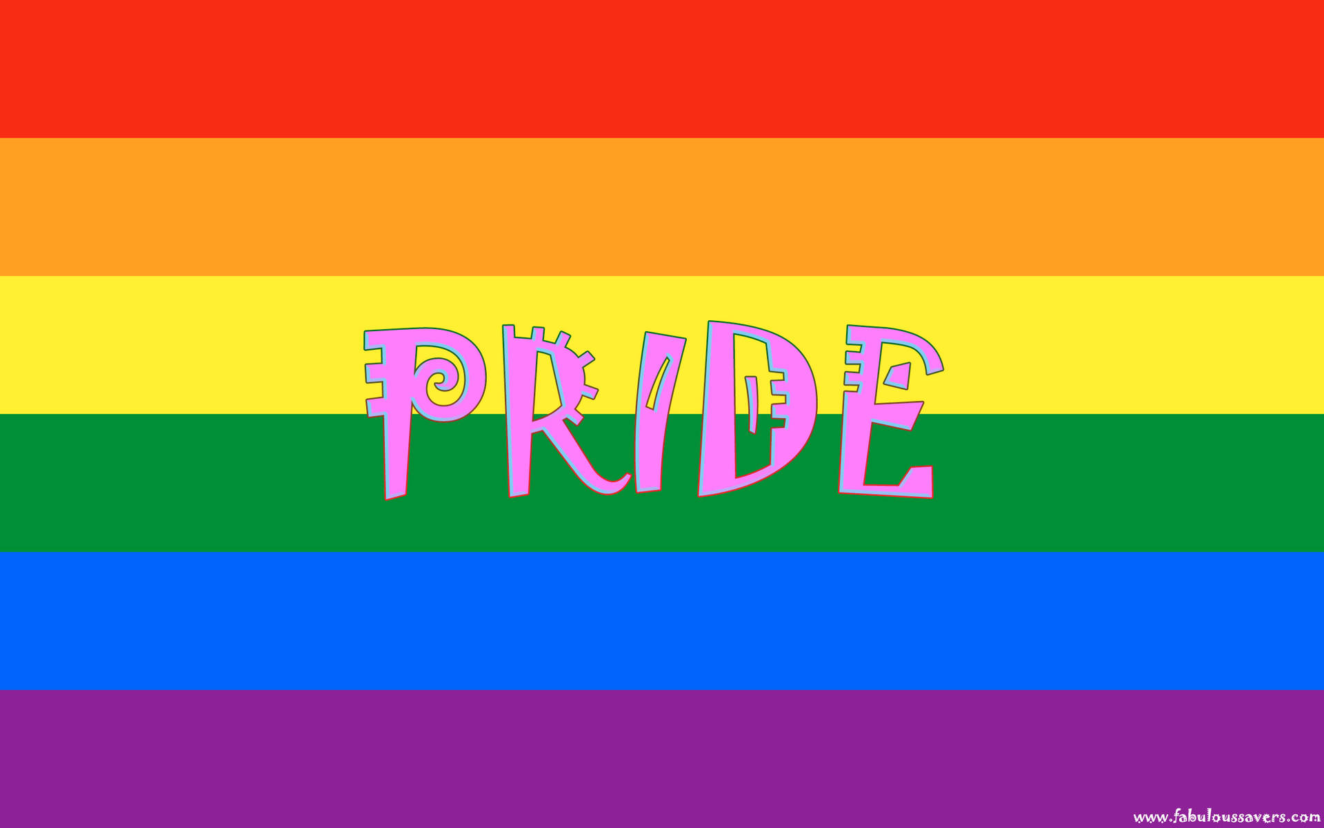 彩虹驕傲旗，帶有粉紅色風格化文字，寫著 PRIDE。
