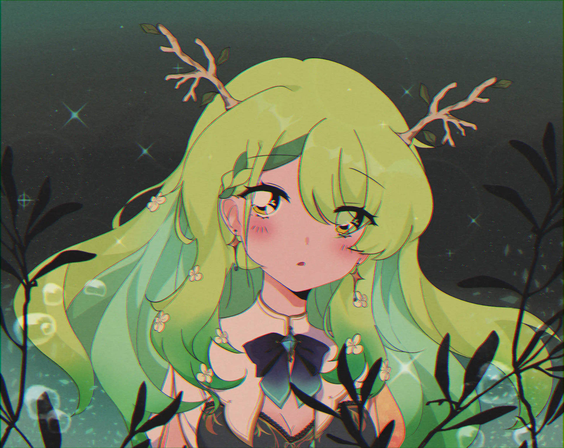 星空夜晚中，綠色頭髮和樹枝鹿角的動漫女孩。