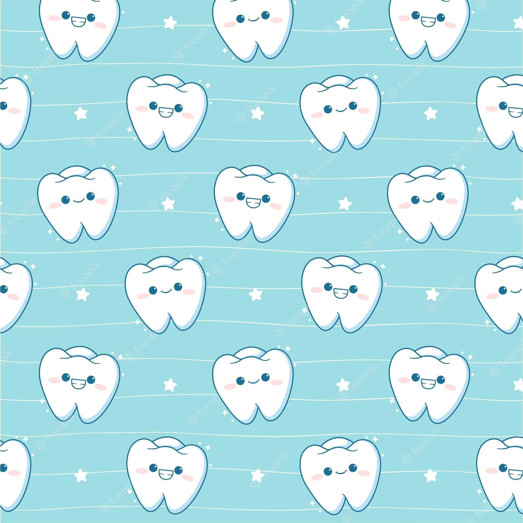 Tooth 桌布 壁紙 — 可愛微笑卡通牙齒帶有紅潤臉頰，漂浮在淺藍色背景上，配有白色星星和水平線條。