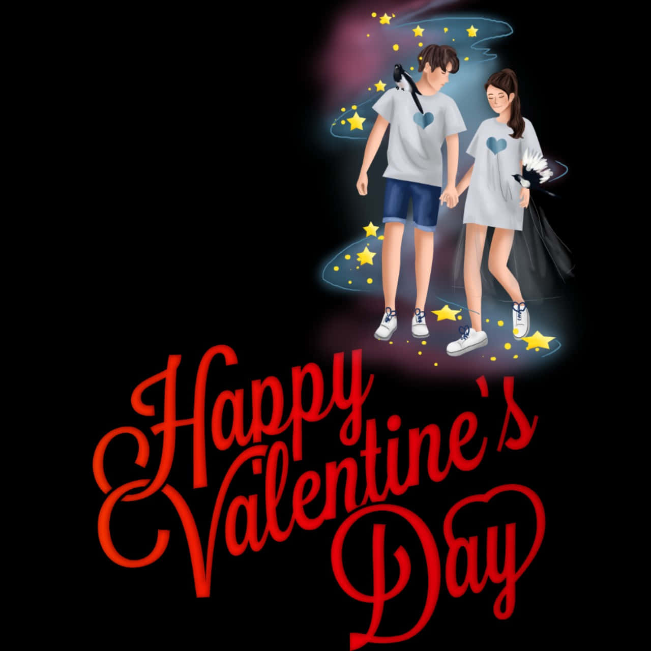 卡通情侶在星空下手牽手，帶有「Happy Valentine's Day」文字。