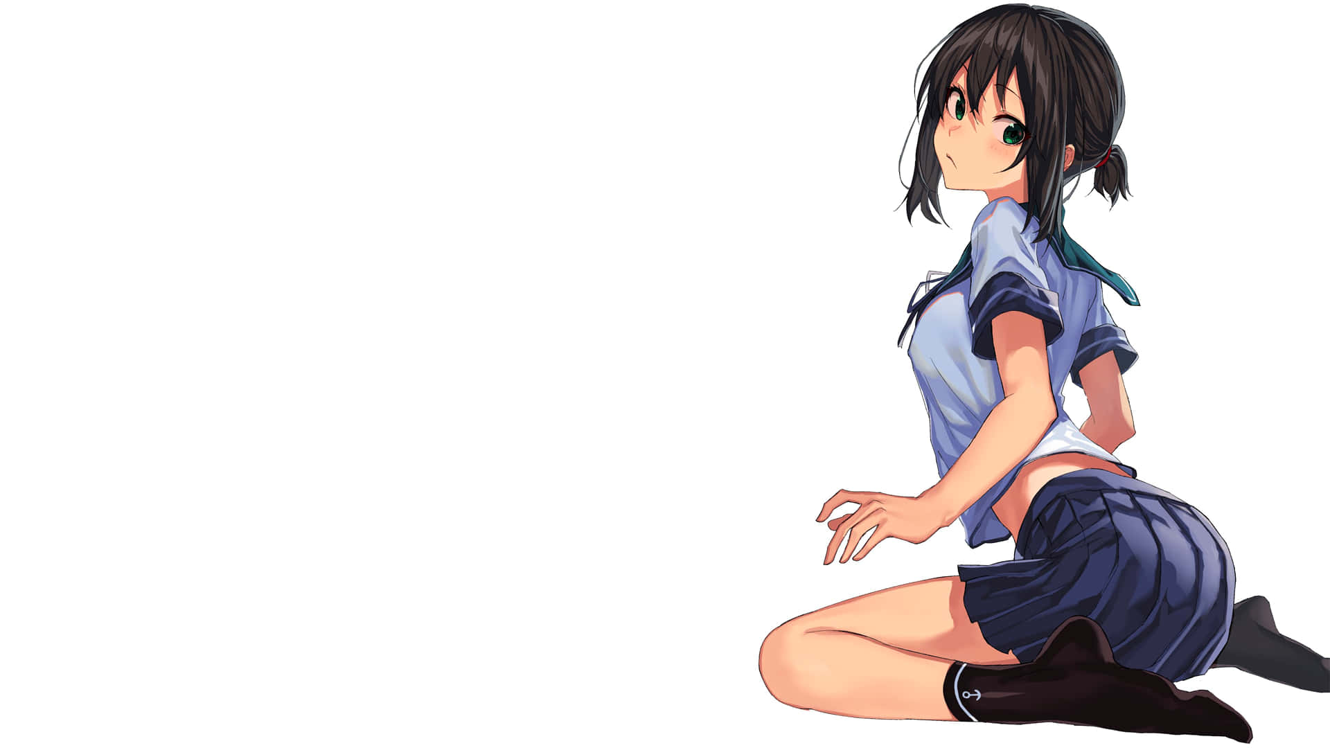 動漫女學生穿著校服跪在白色背景上，表情調皮。
