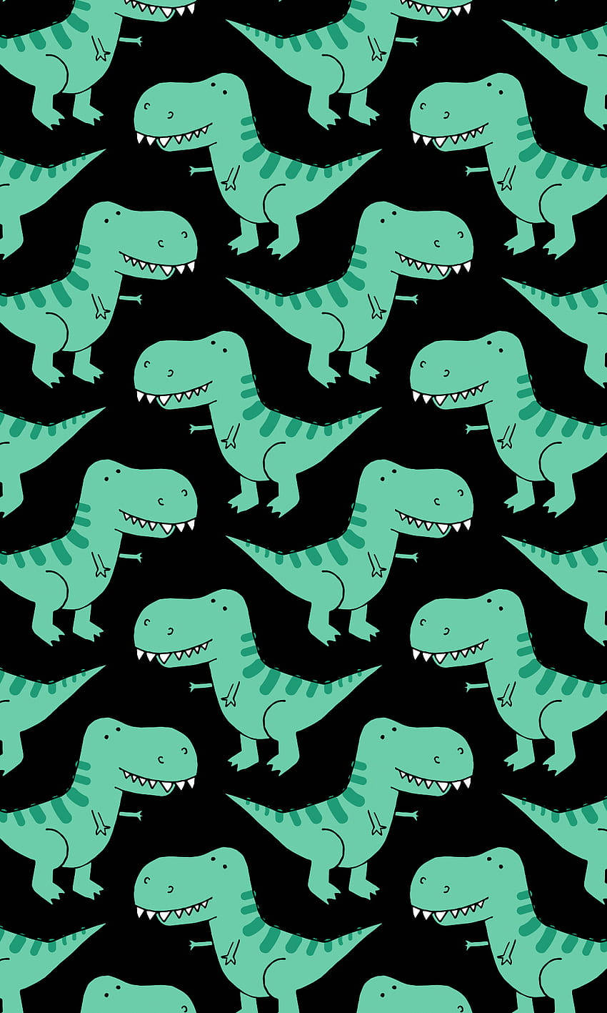 青綠色卡通T-Rex恐龍在黑色背景上重複圖案。