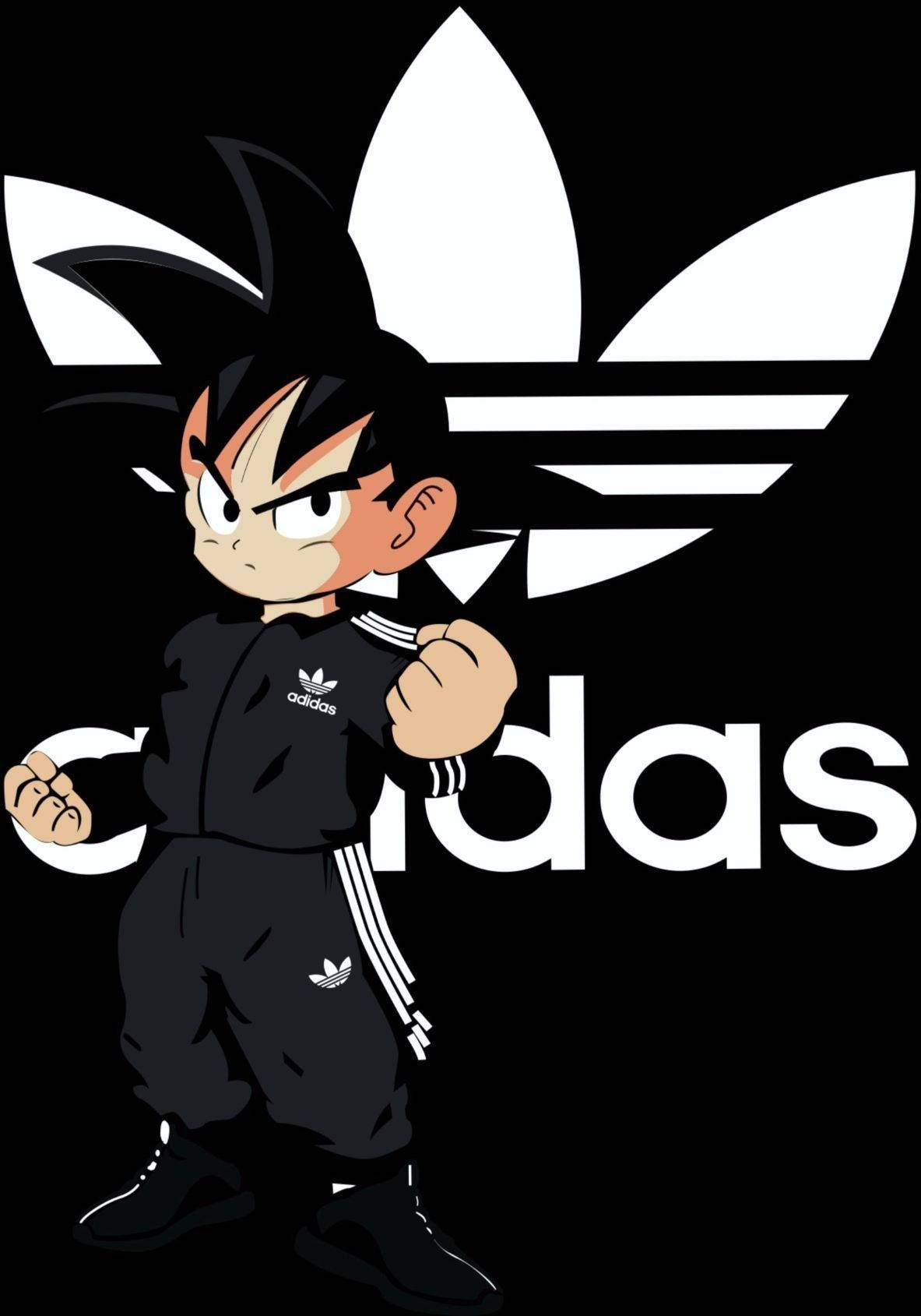 可愛悟空潮款配阿迪達斯 壁紙 — 動漫角色悟空穿著黑色Adidas運動服，在黑色背景上自信地擺姿勢，襯托出大膽的白色標誌。