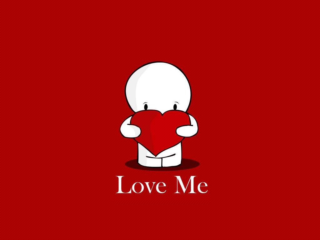 一個白色卡通人物在紅色背景上拿著一個帶有文字 Love Me 的紅心。