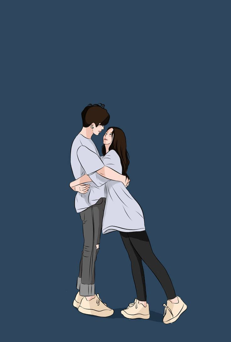 可愛情侶愛戀插畫 壁紙 — 一幅溫馨的數位插畫，描繪一對情侶在純海軍藍背景前擁抱。