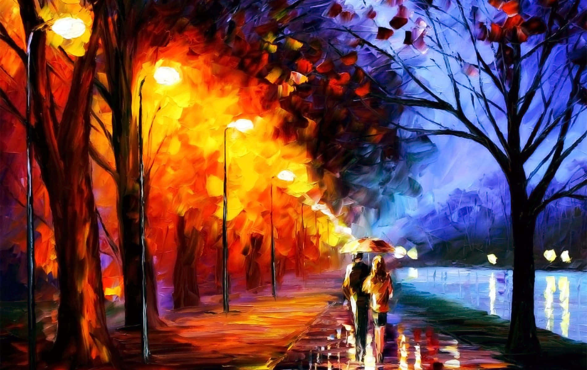 情侶在雨夜街道上撐傘行走，街燈明亮，樹木色彩繽紛。