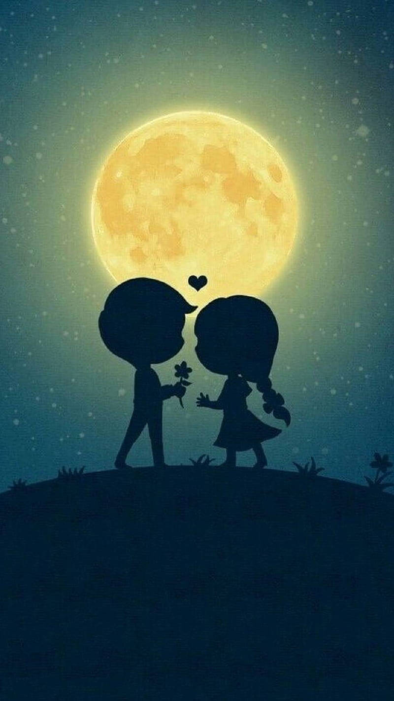 剪影Q版情侶在滿月前於星空下交換花朵