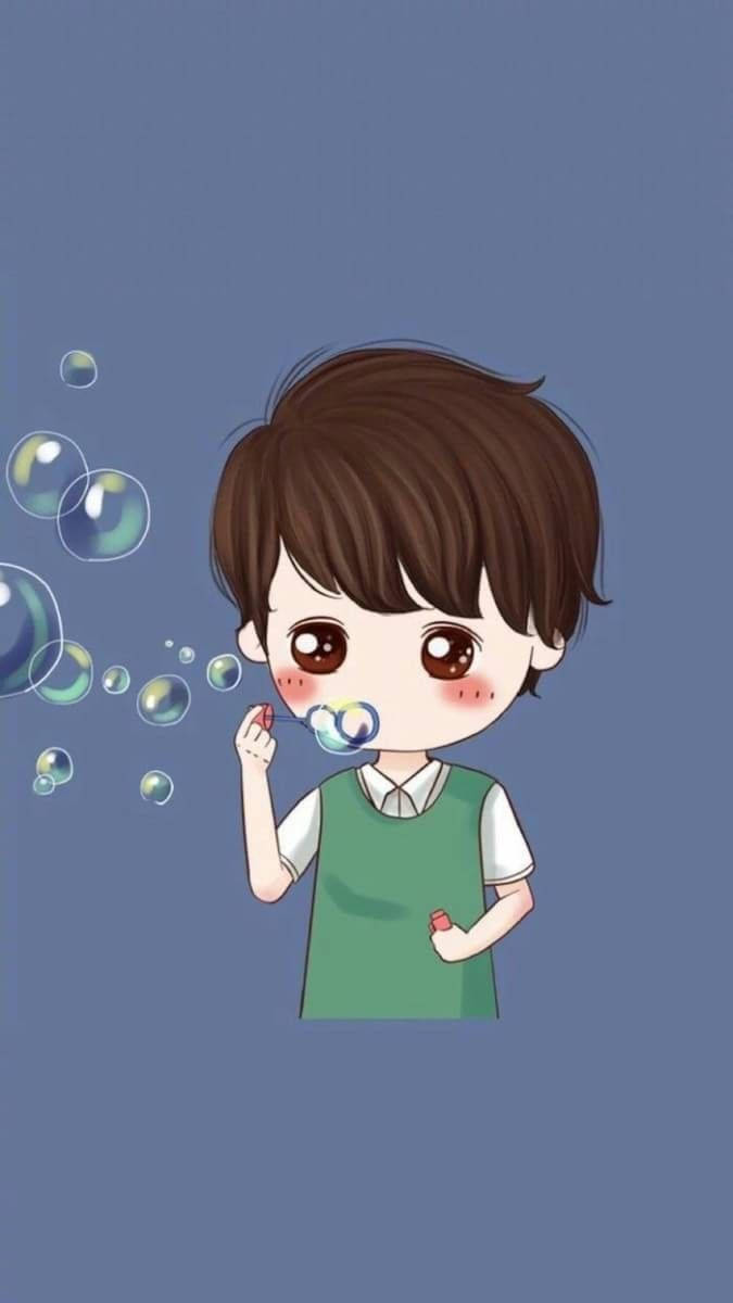 可愛情侶配對：右側男孩吹泡泡 壁紙 — 一個可愛的動漫男孩，棕色頭髮，在純藍色背景上吹出五彩斑斕的泡泡。