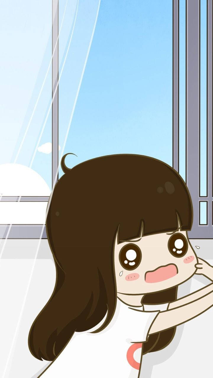 可愛情侶配對女孩被捏臉頰 壁紙 — 一個可愛的動漫女孩，棕色頭髮，從窗框後面探出頭來，看起來很驚訝。