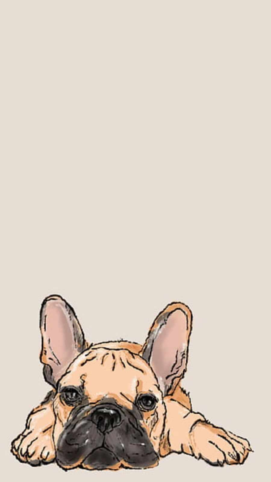 可愛惡霸幼犬插畫 壁紙 — 一隻可愛的法國鬥牛犬幼犬，有大耳朵和深色眼睛，從米色背景的底部向上窺視。