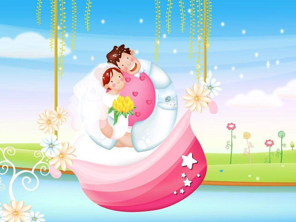 可愛愛心卡通情侶 壁紙 — 卡通新娘和新郎在粉紅色鞦韆上微笑，背景是藍天、鮮花和懸掛的藤蔓。
