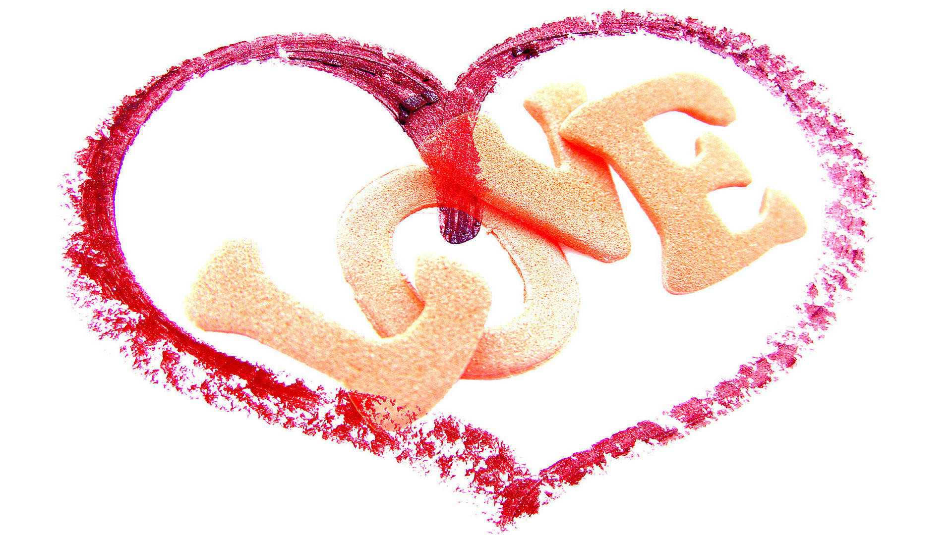 紅色心形輪廓入面嘅米色字母「LOVE」。