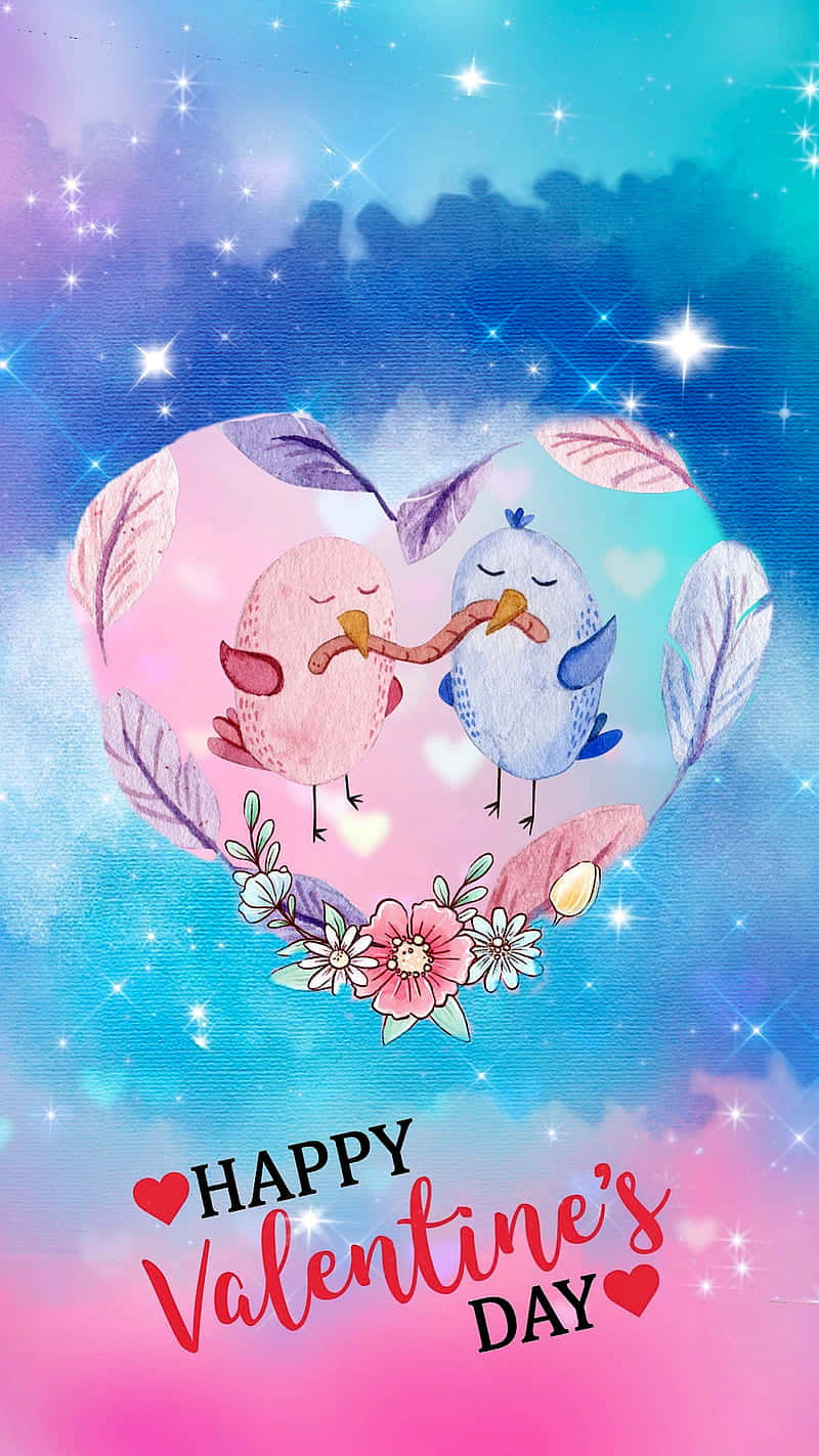 兩隻小鳥在花心中分享一條蟲子，帶有「Happy Valentine's Day」文字。