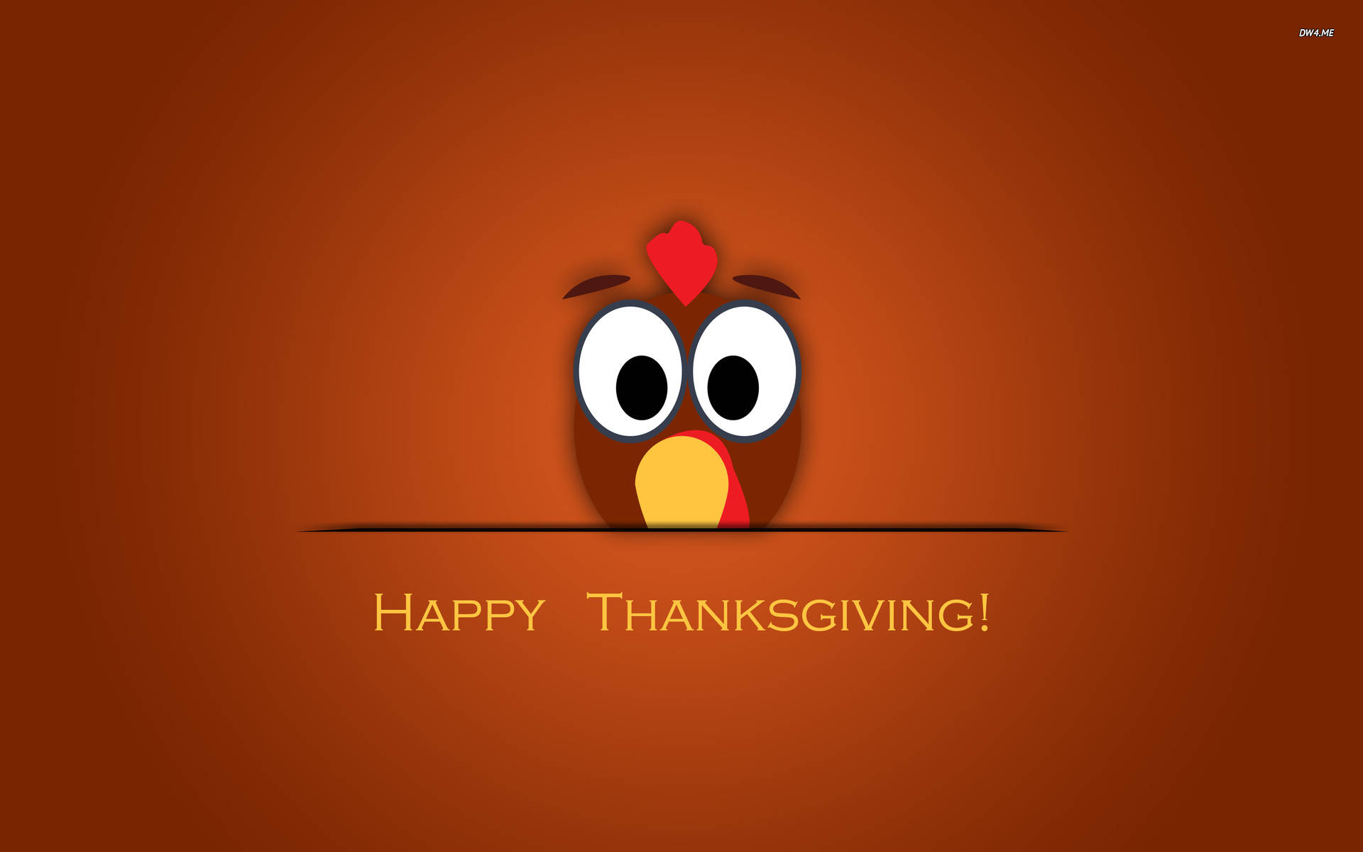 卡通火雞越過線窺視，橙色背景上有 happy thanksgiving 文字